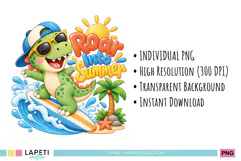 Cute dinosaur summer graphics with surfboards, palm trees and tropical details for children's t-shirts and seasonal clothing.