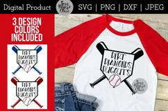 Dirt Diamonds Dugouts Baseball SVG quote features a base, bats, and a baseball.  Digital file product works great in vinyl cutting programs like Cricut or Silhouette
