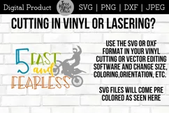 Instructions for using 5th birthday five fast fearless dirt bike quote svg and dxf files in cricut, silhouette, vinyl cutting, or laser machines for projects.