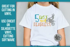 Five Fast and Fearless 5th Birthday quote with dirtbike motorcycle shown on a kids white shirt.  Great for cutting in cricut, silhouette, or sublimation projects