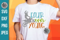 Four Every Young 4th Birthday quote with dirtbike motorcycle shown on a kids white shirt.  SVG, DXF, PNG, and JPEG file types included for cutting machines, sublimation projects, crafting.