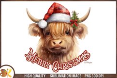 Christmas Highland Cow Sublimation Png,Watercolor Animal Png Product Image 1