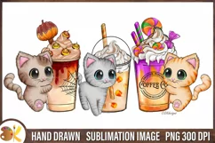 Halloween Coffee Png Clipart, Cute Cats Png, Fall Latte Png Product Image 1