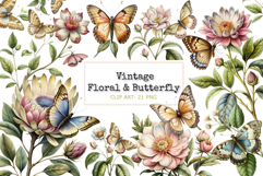 Vintage botanical pastel flowers with butterfly clip art Product Image 1