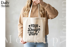 Canvas Tote Bag Mockup Held by Woman, Beige Sweatshirt Tote Product Image 2