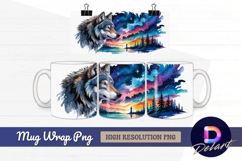 Watercolor wolf landscape with starry sky mug design png Product Image 1