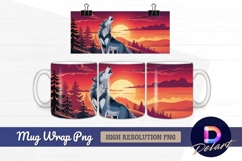 Howling wolf silhouette landscape at sunset mug design png Product Image 1