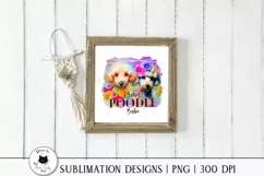 cute watercolor poodles sublimation design shown on a frame