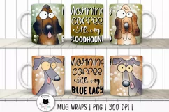 funny dog wraps shown on mugs
