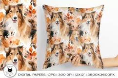 woman holding a pillow with collie pattern