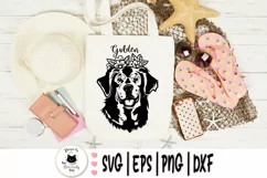 golden retriever with flowers svg design on a white tote bag
