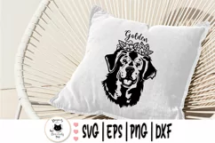 golden retriever with flowers svg drawing on a white pillow