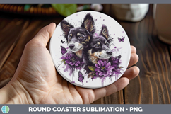 GorgeousDogs 01 Purple Drips Round Coaster design.