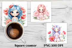 Cute doll flower square coaster sublimation | Sweet doll PNG Product Image 1