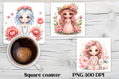 Cute doll flower square coaster sublimation | Sweet doll PNG Product Image 1