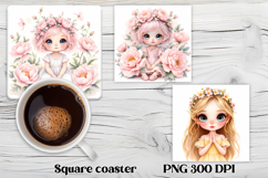 Cute doll flower square coaster sublimation | Sweet doll PNG Product Image 1