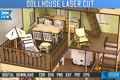 3D Wooden Dollhouse Laser Cut Design, Bedroom Furniture SVG Product Image 3