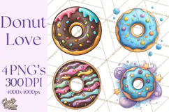 Whimsical Donut Doodle Clipart Cute Frosted PNG, Sweet Treat Product Image 1