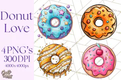 Whimsical Donut Doodle Clipart Cute Frosted PNG, Sweet Treat Product Image 1