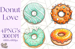Whimsical Donut Doodle Clipart Cute Frosted PNG, Sweet Treat Product Image 1