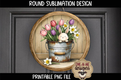 Bunny in Flower Bucket Sublimation Design | Spring Round PNG Product Image 2