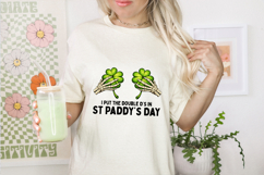 Funny Irish drinking shirt design with two clovers held by skeletal hands and playful St Paddy’s Day typography.