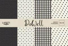DoWell black and cream digital papers with hearts plaid dots and triangles