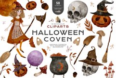 Download Coven Witchy Halloween Pumpkin Scary Watercolor Clipart png for invitation t-shirt designs sublimation designs tumbler kids printable digital dtf art