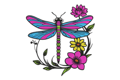 Dragonfly Embroidery Design with Flowers Product Image 1