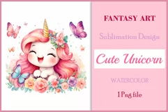 Watercolor illustration hand drawn clip art cute pink unicorn. Bright and colorful colors perfect for greeting card, birthday, baby shower, print, mug design and more. Pastel сolorful clipart, high resolution. Well for printing and sublimation 