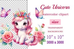 Watercolor illustration hand drawn clip art cute pink unicorn. Bright and colorful colors perfect for greeting card, birthday, baby shower, print, mug design and more. Pastel сolorful clipart, high resolution. Well for printing and sublimation 