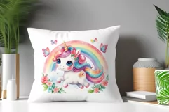Watercolor illustration hand drawn clip art cute pink unicorn. Bright and colorful colors perfect for greeting card, birthday, baby shower, print, mug design and more. Pastel сolorful clipart, high resolution. Well for printing and sublimation 