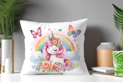 Watercolor illustration hand drawn clip art cute pink unicorn. Bright and colorful colors perfect for greeting card, birthday, baby shower, print, mug design and more. Pastel сolorful clipart, high resolution. Well for printing and sublimation 