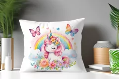Watercolor illustration hand drawn clip art cute pink unicorn. Bright and colorful colors perfect for greeting card, birthday, baby shower, print, mug design and more. Pastel сolorful clipart, high resolution. Well for printing and sublimation 
