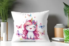 Watercolor illustration hand drawn clip art cute pink unicorn. Bright and colorful colors perfect for greeting card, birthday, baby shower, print, mug design and more. Pastel сolorful clipart, high resolution. Well for printing and sublimation 