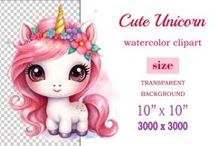 Watercolor illustration hand drawn clip art cute pink unicorn. Bright and colorful colors perfect for greeting card, birthday, baby shower, print, mug design and more. Pastel сolorful clipart, high resolution. Well for printing and sublimation 