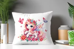 Watercolor illustration hand drawn clip art cute pink unicorn. Bright and colorful colors perfect for greeting card, birthday, baby shower, print, mug design and more. Pastel сolorful clipart, high resolution. Well for printing and sublimation 
