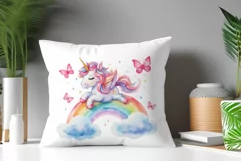 Watercolor illustration hand drawn clip art cute pink unicorn. Bright and colorful colors perfect for greeting card, birthday, baby shower, print, mug design and more. Pastel сolorful clipart, high resolution. Well for printing and sublimation 
