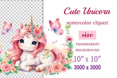 Watercolor illustration hand drawn clip art cute pink unicorn. Bright and colorful colors perfect for greeting card, birthday, baby shower, print, mug design and more. Pastel сolorful clipart, high resolution. Well for printing and sublimation 