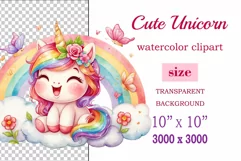 Watercolor illustration hand drawn clip art cute pink unicorn. Bright and colorful colors perfect for greeting card, birthday, baby shower, print, mug design and more. Pastel сolorful clipart, high resolution. Well for printing and sublimation 