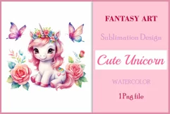 Watercolor illustration hand drawn clip art cute pink unicorn. Bright and colorful colors perfect for greeting card, birthday, baby shower, print, mug design and more. Pastel сolorful clipart, high resolution. Well for printing and sublimation 