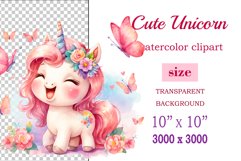 Watercolor illustration hand drawn clip art cute pink unicorn. Bright and colorful colors perfect for greeting card, birthday, baby shower, print, mug design and more. Pastel сolorful clipart, high resolution. Well for printing and sublimation 