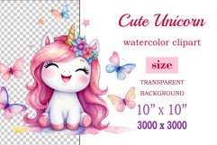 Watercolor illustration hand drawn clip art cute pink unicorn. Bright and colorful colors perfect for greeting card, birthday, baby shower, print, mug design and more. Pastel сolorful clipart, high resolution. Well for printing and sublimation 