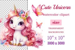 Watercolor illustration hand drawn clip art cute pink unicorn. Bright and colorful colors perfect for greeting card, birthday, baby shower, print, mug design and more. Pastel сolorful clipart, high resolution. Well for printing and sublimation 