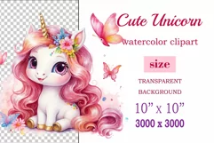 Watercolor illustration hand drawn clip art cute pink unicorn. Bright and colorful colors perfect for greeting card, birthday, baby shower, print, mug design and more. Pastel сolorful clipart, high resolution. Well for printing and sublimation 