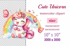 Watercolor illustration hand drawn clip art cute pink unicorn. Bright and colorful colors perfect for greeting card, birthday, baby shower, print, mug design and more. Pastel сolorful clipart, high resolution. Well for printing and sublimation 