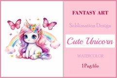 Watercolor illustration hand drawn clip art cute pink unicorn. Bright and colorful colors perfect for greeting card, birthday, baby shower, print, mug design and more. Pastel сolorful clipart, high resolution. Well for printing and sublimation 