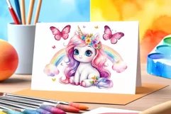 Watercolor illustration hand drawn clip art cute pink unicorn. Bright and colorful colors perfect for greeting card, birthday, baby shower, print, mug design and more. Pastel сolorful clipart, high resolution. Well for printing and sublimation 
