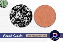 Black and white floral Round Coaster PNG Product Image 1