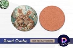Two rabbits among flowers Round Coaster PNG Product Image 1